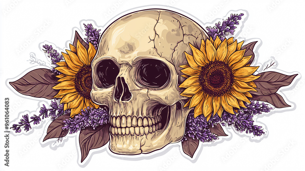 Fototapeta premium Spooky Smiling Skull with Bright Floral Crown in Fun Halloween Illustration