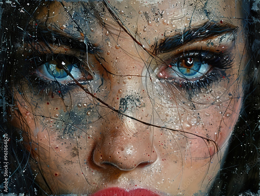 Close-up portrait of a woman's face with blue eyes, wet hair and a grunge background. Close-up portrait of a woman's face with blue eyes, wet hair and a grunge background.