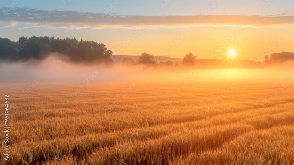 fog covering a golden field of wheat during golden hour, with the sun casting a warm glow on the landscape and creating a peaceful and idyllic scene, with copy space for text fog covering a golden field of wheat during golden hour, with the sun casting a warm glow on the landscape and creating a peaceful and idyllic scene, with copy space for text