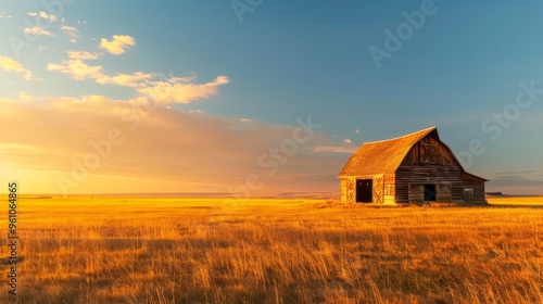 warm golden hour light illuminating an old wooden barn standing proudly in a vast open field, with a soft breeze rustling the grasses, with ample copy space for text