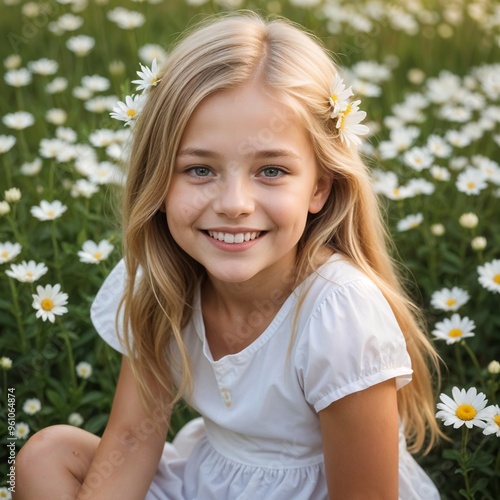A little girl on a background of flowers