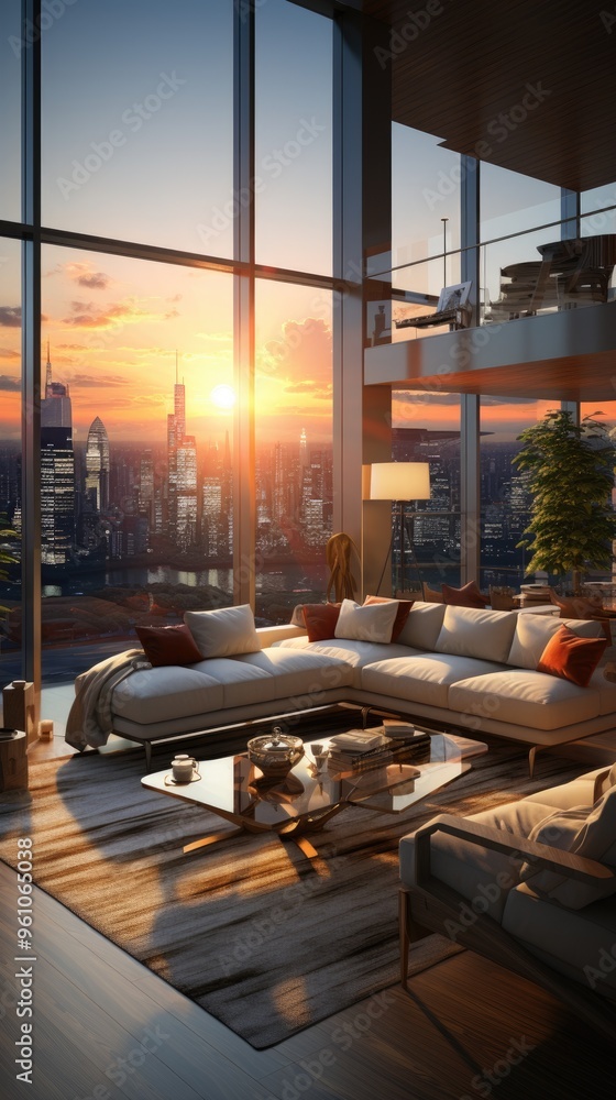 Luxury modern penthouse interior with panoramic windows, 3d render Luxury modern penthouse interior with panoramic windows, 3d render