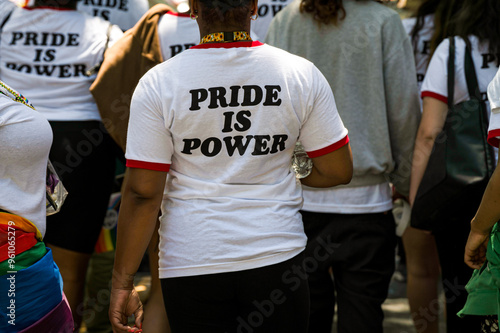 A participant at the annual Sacramento Pride March wears a Pride is Power t-shirt.