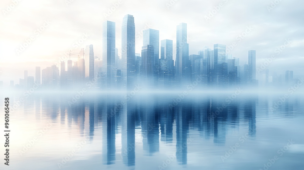 Fototapeta premium Cityscape Reflections: A watercolor cityscape, bathed in the soft glow of sunrise, reflects in the tranquil waters below. The image evokes a sense of serenity and urban beauty, capturing the essence