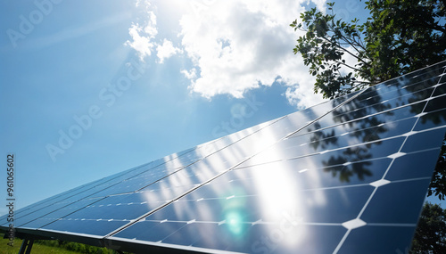 Solar panel farm generating renewable energy from sunlight, close-up of photovoltaic cells. photo