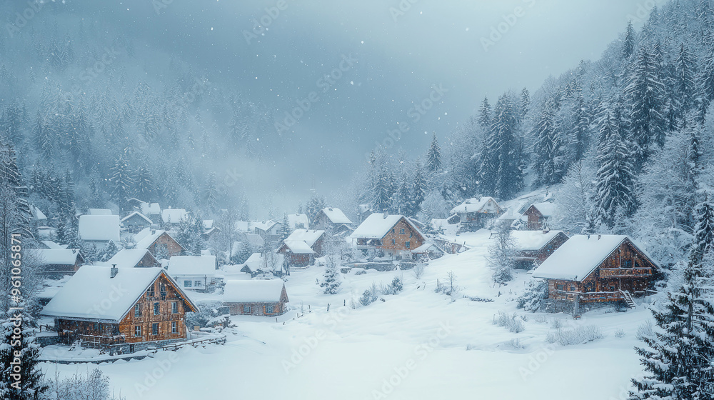 Fototapeta premium Snow-draped rustic village nestled in a mountain valley, with warm wooden houses and towering pine trees blanketed in fresh snowfall under a serene, foggy sky.