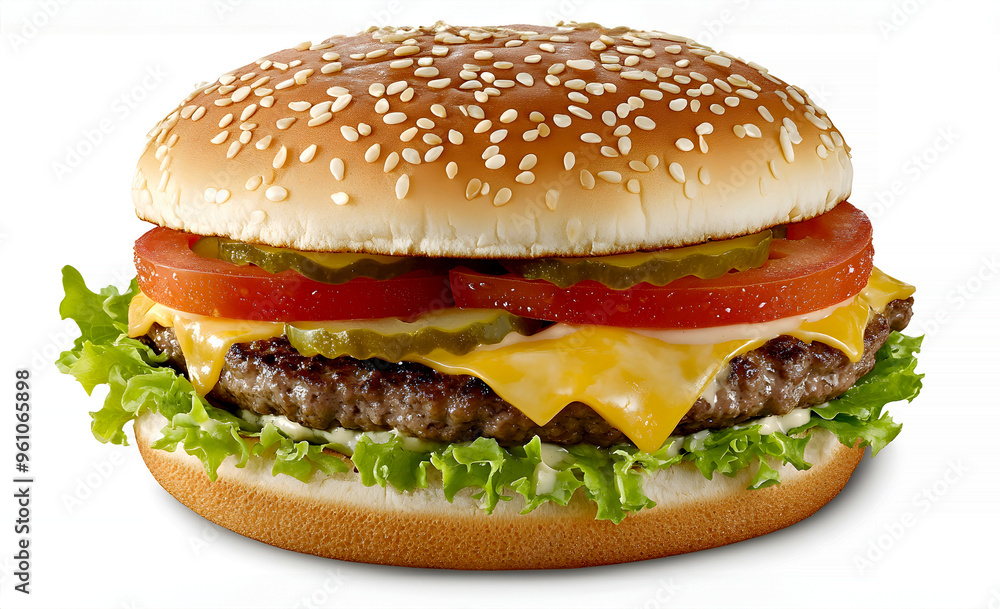 juicy beef patty topped with melted cheddar cheese, lettuce, tomato, and pickles, served on a toasted sesame seed bun juicy beef patty topped with melted cheddar cheese, lettuce, tomato, and pickles, served on a toasted sesame seed bun