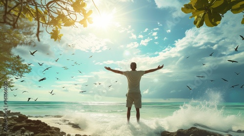 Dynamic image of a man standing on a rocky shore with arms wide open, embracing the sea spray as waves crash against the rocks. The bright sunlight filtering through the clouds creates a dramatic and