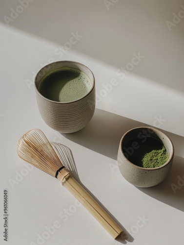 Obraz na płótnie A traditional Japanese tea set with matcha powder and a bamboo whisk, artistically placed under soft sunlight, capturing the essence of tea culture and tranquility. w salonie
