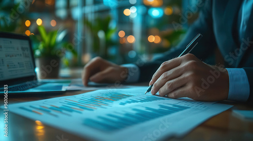 Manager analyzing financial data, office setting, budgeting