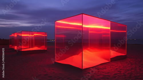 Illuminated geometric structures with red translucent surfaces stand against a deep twilight sky, creating a modern and artistic outdoor scene. photo