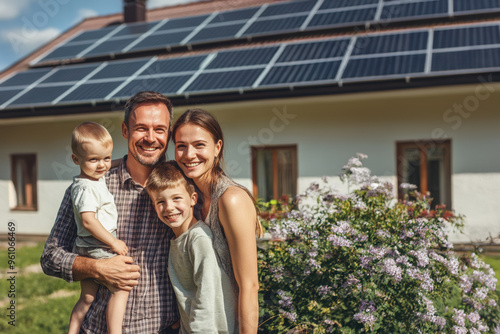 A happy family standing in front of their home with solar panels on the roof, surrounded by a lush garden and bright flowers. photo