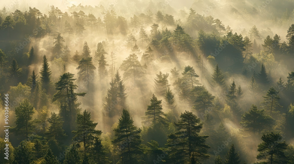fog rolling through a dense forest at golden hour, with the sunlight filtering through the trees, casting long shadows and creating a mysterious and calming atmosphere, with copy space for text