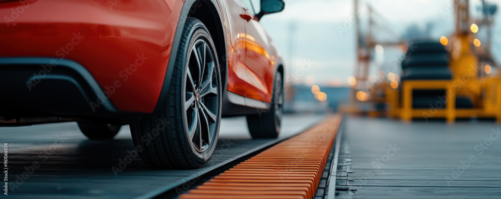 A red car drives over an automated conveyor system in a factory, symbolizing modern automotive manufacturing and assembly. A red car drives over an automated conveyor system in a factory, symbolizing modern automotive manufacturing and assembly.