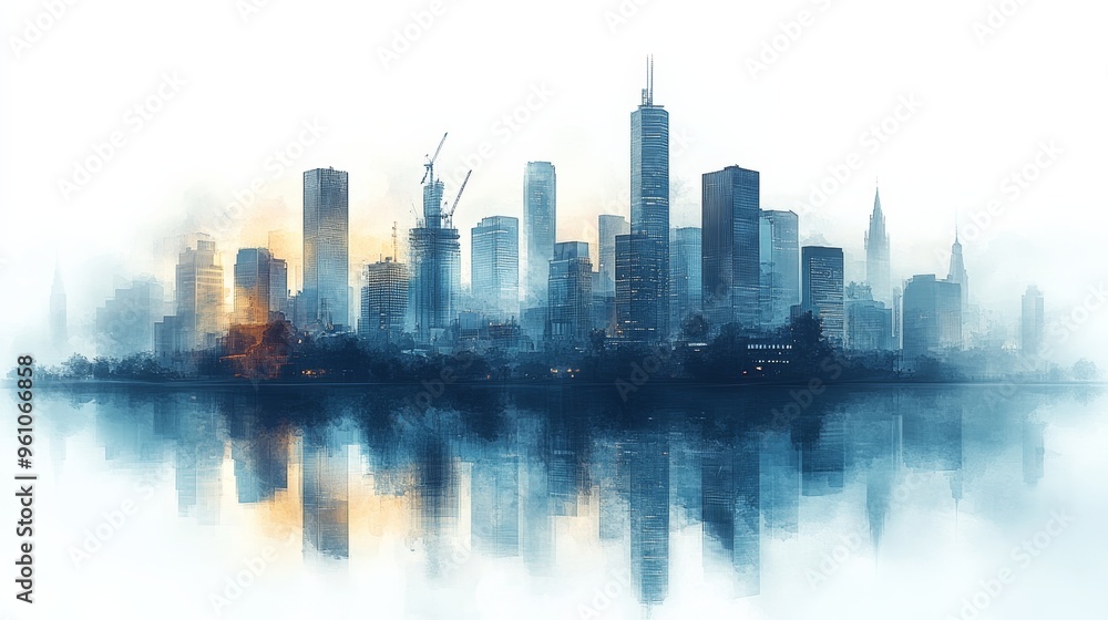 Fototapeta premium Cityscape Reflections: A watercolor cityscape, bathed in the soft glow of sunrise, reflects in the tranquil waters below. The image evokes a sense of serenity and urban beauty, capturing the essence