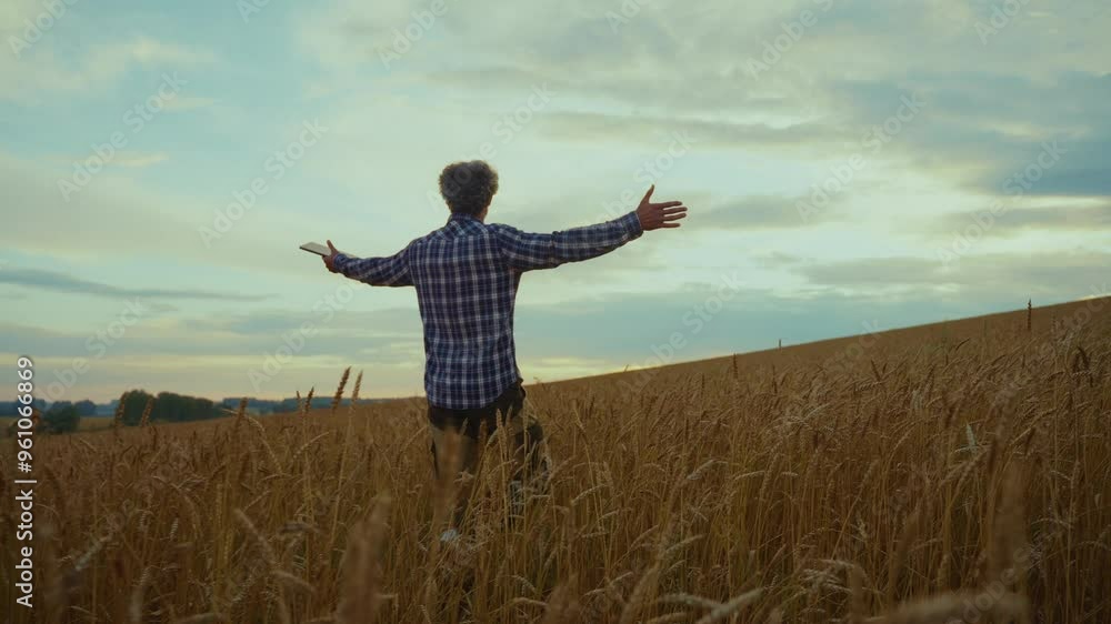 A young man strolls through a golden wheat field at sunset, enjoying nature's beauty A young man strolls through a golden wheat field at sunset, enjoying nature's beauty