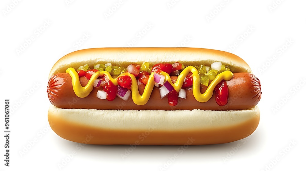 Classic Hot Dog with Mustard Ketchup Relish and Onions Classic Hot Dog with Mustard Ketchup Relish and Onions