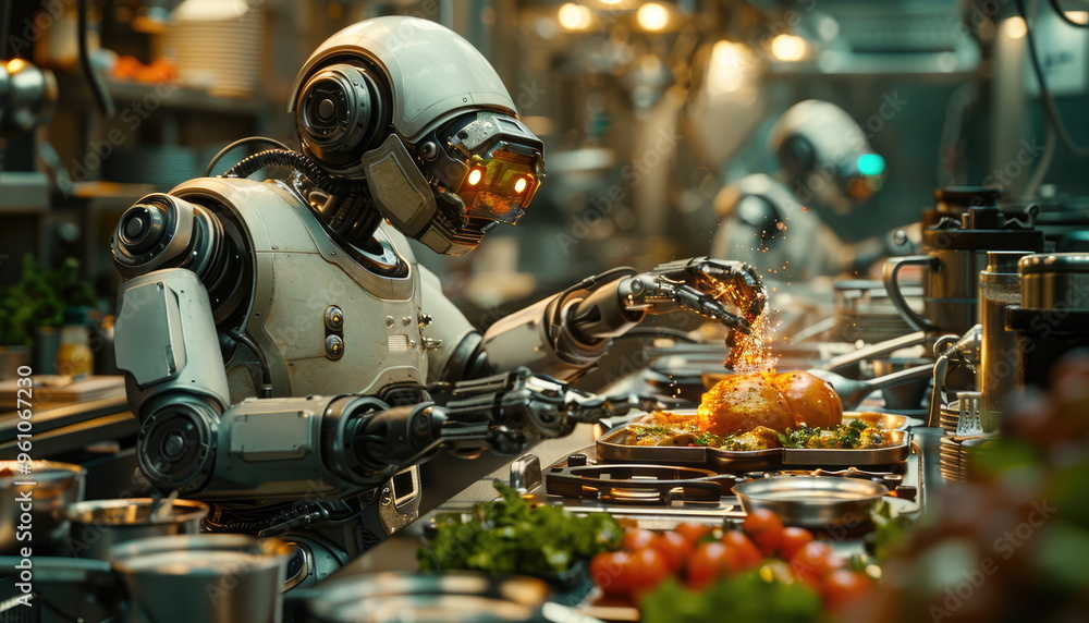 Robot Chef Cooking Food in a Futuristic Kitchen Robot Chef Cooking Food in a Futuristic Kitchen