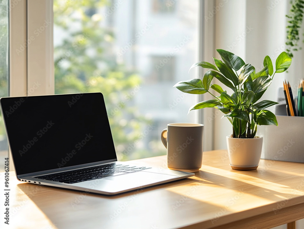 A modern home office setup featuring laptop, coffee mug, and potted plant, creating serene and productive atmosphere. A modern home office setup featuring laptop, coffee mug, and potted plant, creating serene and productive atmosphere.