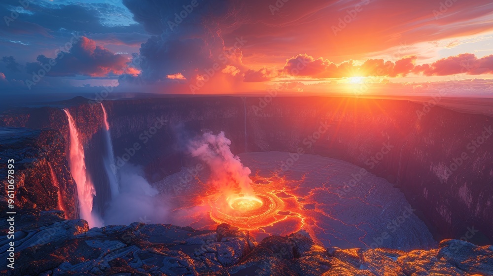 Volcanic Sunset: A Dramatic Landscape of Fire and Water Volcanic Sunset: A Dramatic Landscape of Fire and Water