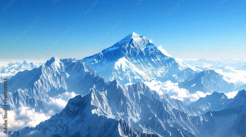 Majestic Mountain Peak with Snow-Covered Slopes and Clear Blue Sky Majestic Mountain Peak with Snow-Covered Slopes and Clear Blue Sky