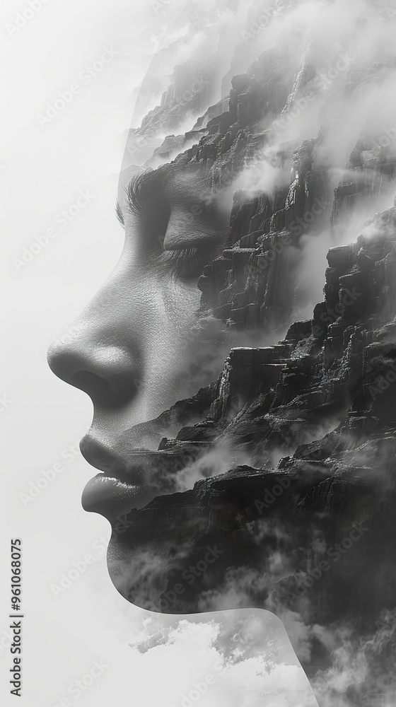 A woman's profile with a mountain range superimposed over it in black and white. A woman's profile with a mountain range superimposed over it in black and white.