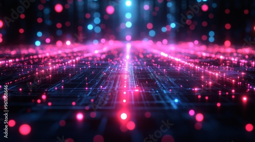 Digital Highway: A captivating abstract background of glowing pink and blue lights illuminating a futuristic circuit board, evoking a sense of digital progress and innovation.