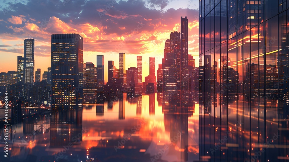 Obraz premium Cityscape Reflection at Sunset