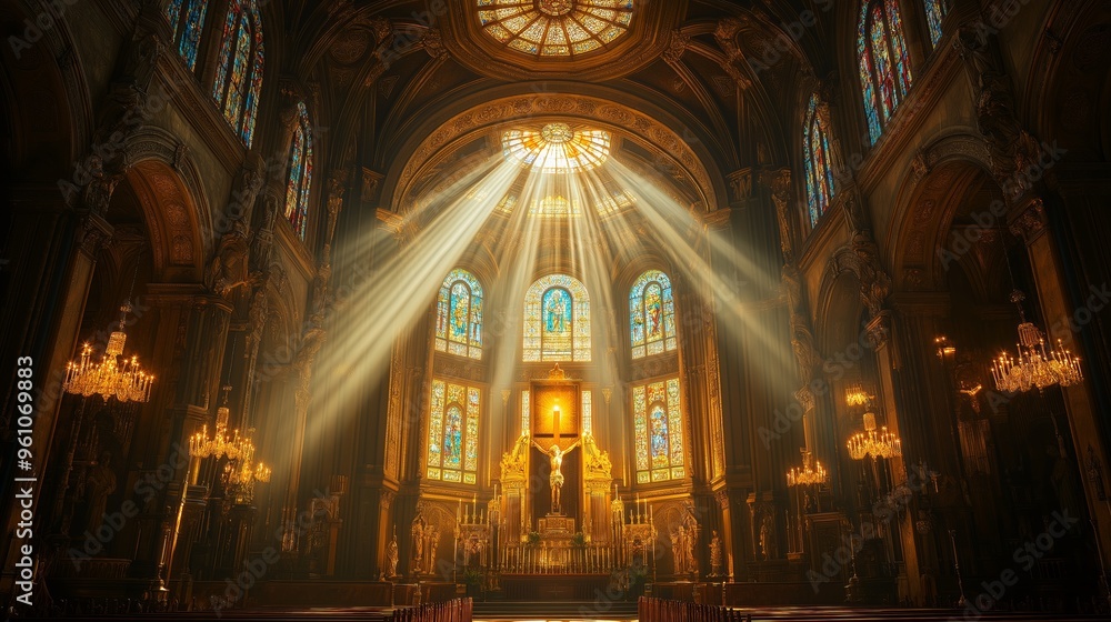 Fototapeta premium Statue of Jesus Christ on Cross in Sunlit Cathedral