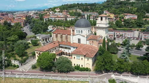 Aerial view of Verona city tourist center, Adigio river, Parrocchia di San Giorgio in Braida on a summer sunny day, Italy, Europe photo