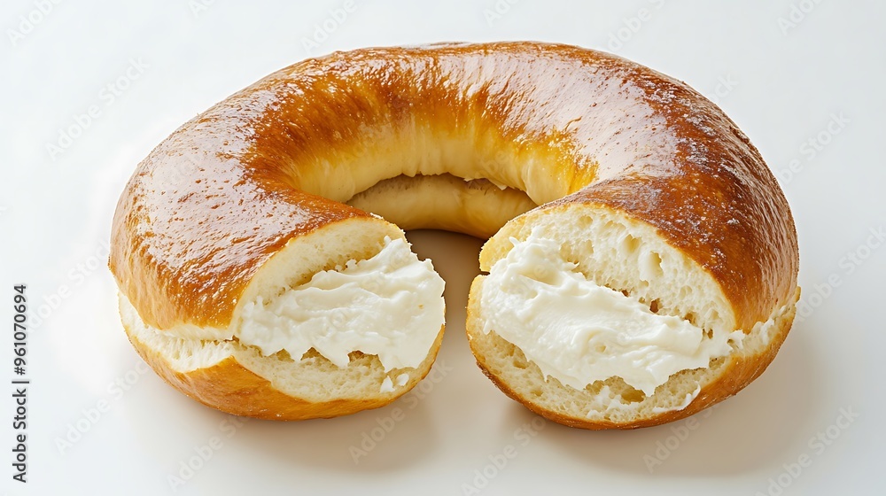 Freshly Baked Bagel with Cream Cheese Cut in Half Freshly Baked Bagel with Cream Cheese Cut in Half