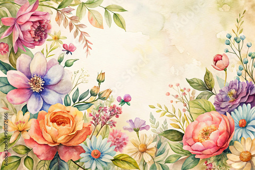 Watercolor Floral Border With Beige Background