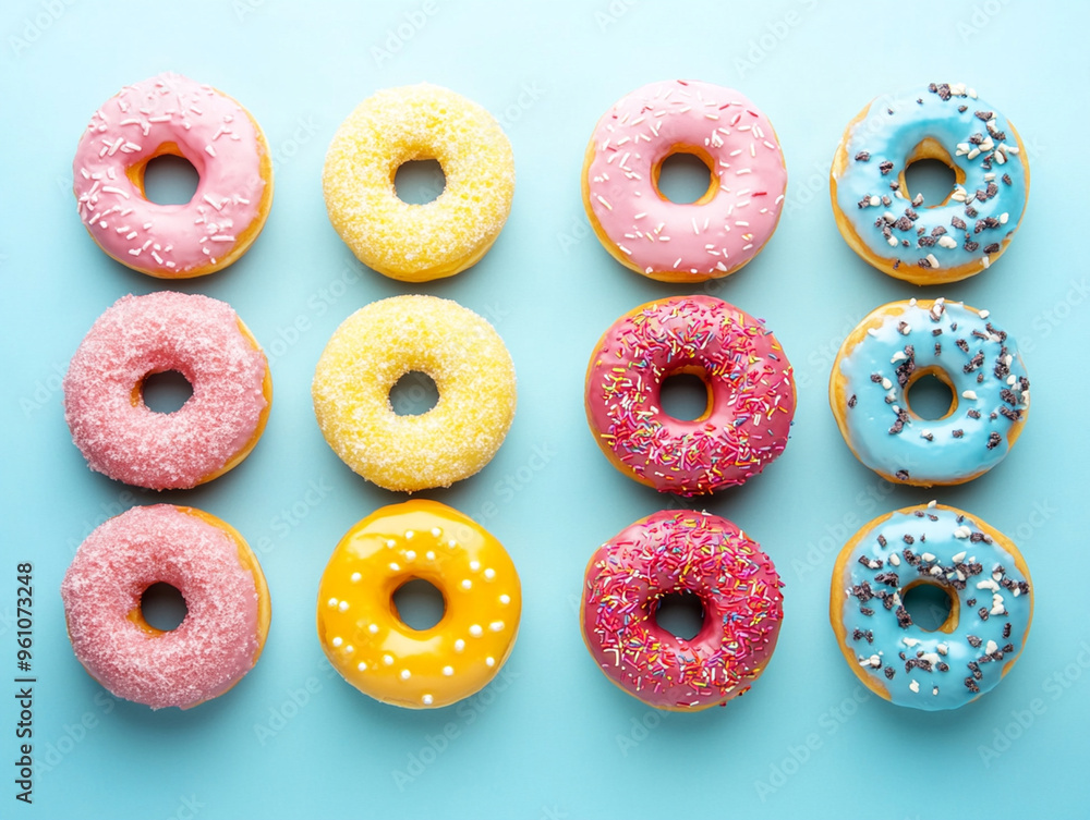 Colorful donuts with icing arranged in flat lay on blue background create delightful and vibrant display. Colorful donuts with icing arranged in flat lay on blue background create delightful and vibrant display.