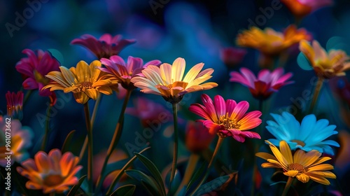 11. Brightly colored flowers against a deep, dark background, highlighting the vivid hues