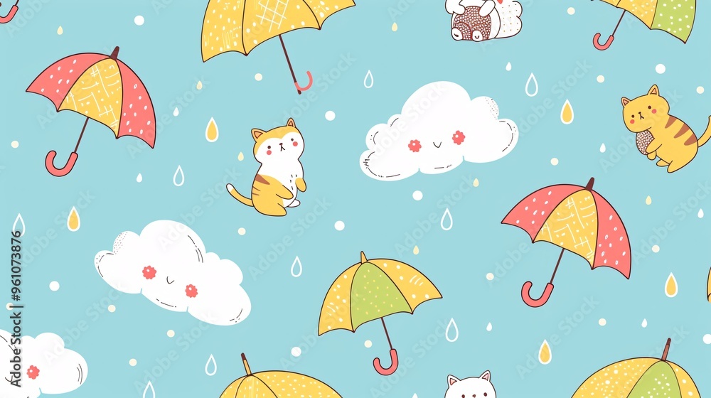 16. Seamless pattern featuring colorful umbrellas, fluffy clouds, raindrops, and cute pets on a light blue background 16. Seamless pattern featuring colorful umbrellas, fluffy clouds, raindrops, and cute pets on a light blue background