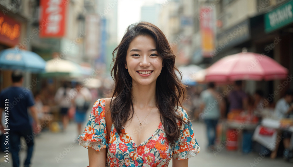 Korean woman smiling warmly outdoors, wearing fashionable Korean clothing. Korean face and smile Korean woman smiling warmly outdoors, wearing fashionable Korean clothing. Korean face and smile