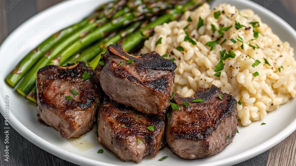 Lamb Chops with Risotto and Asparagus: A delicious and elegant meal, featuring perfectly grilled lamb chops, creamy risotto, and fresh asparagus. The dish is plated beautifully on a white plate Lamb Chops with Risotto and Asparagus: A delicious and elegant meal, featuring perfectly grilled lamb chops, creamy risotto, and fresh asparagus. The dish is plated beautifully on a white plate