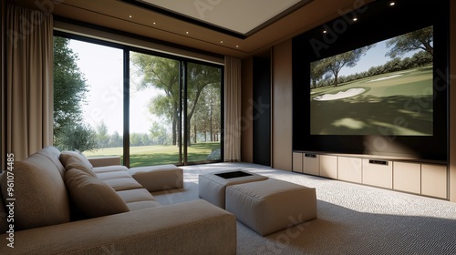 Golf View Retreat: Modern home theater with a view of a lush golf course.