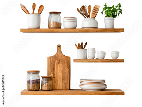 Stylish kitchen shelf with utensils, jars, and greenery for home decor