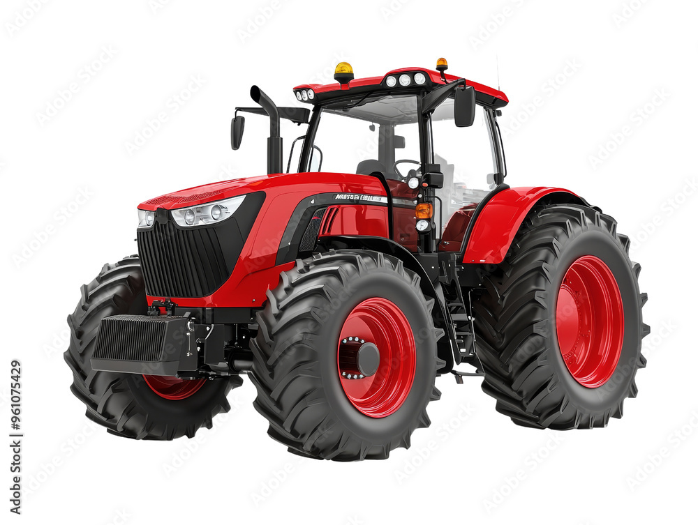 Modern red tractor with large wheels for agriculture and farming Modern red tractor with large wheels for agriculture and farming