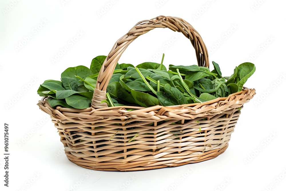 Fresh Spinach in a basket on white background Fresh Spinach in a basket on white background
