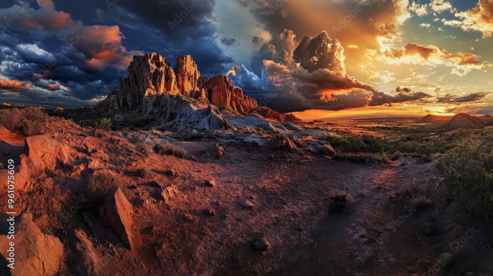 Fototapeta premium Sunset Over a Dramatic Rocky Landscape
