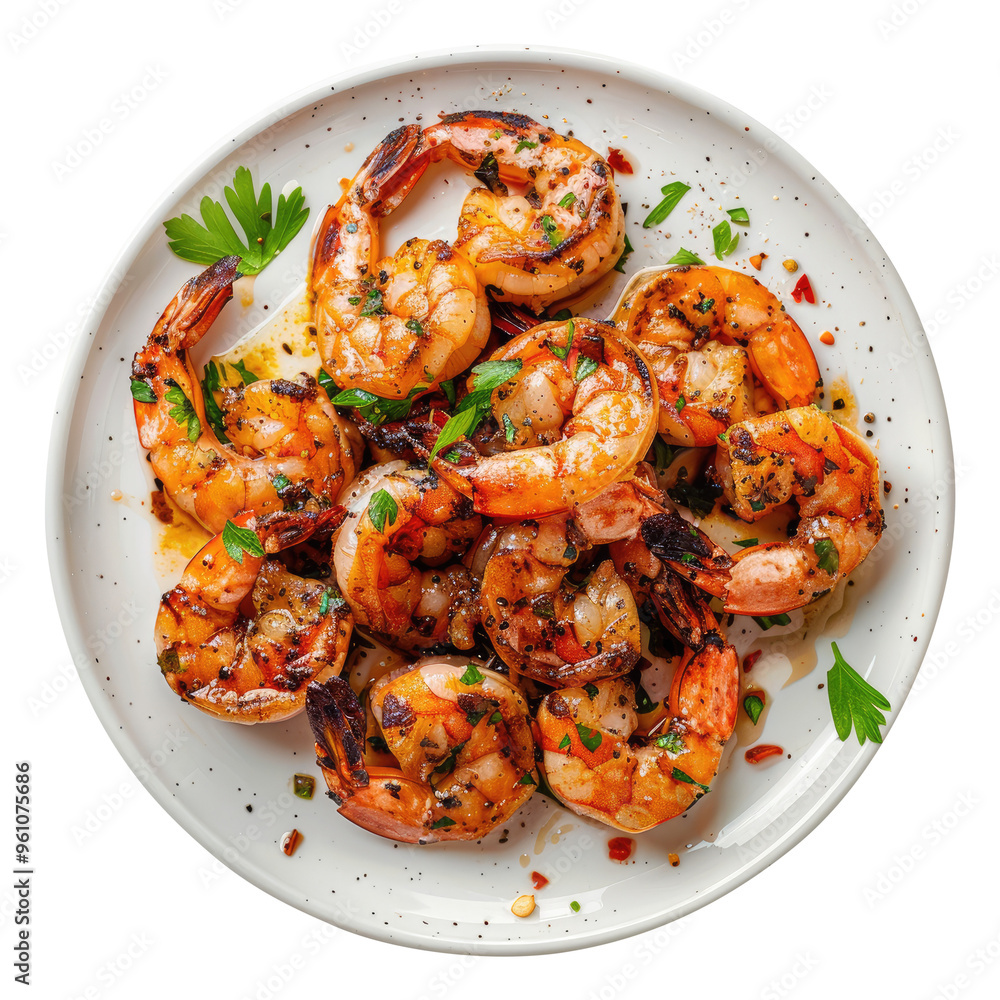 grilled shrimp in a plate top view isolated on transparent white background, clipping path grilled shrimp in a plate top view isolated on transparent white background, clipping path