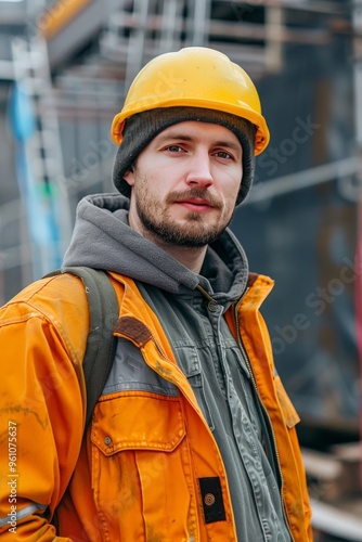 Man dressed in heavy duty worker t shirt and uniform, ready for labor intensive tasks photo