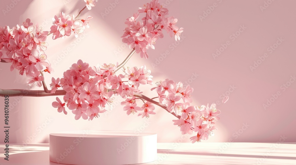 Mockup featuring pink sakura branch on round podium for eco or organic product promotion. Mockup featuring pink sakura branch on round podium for eco or organic product promotion.