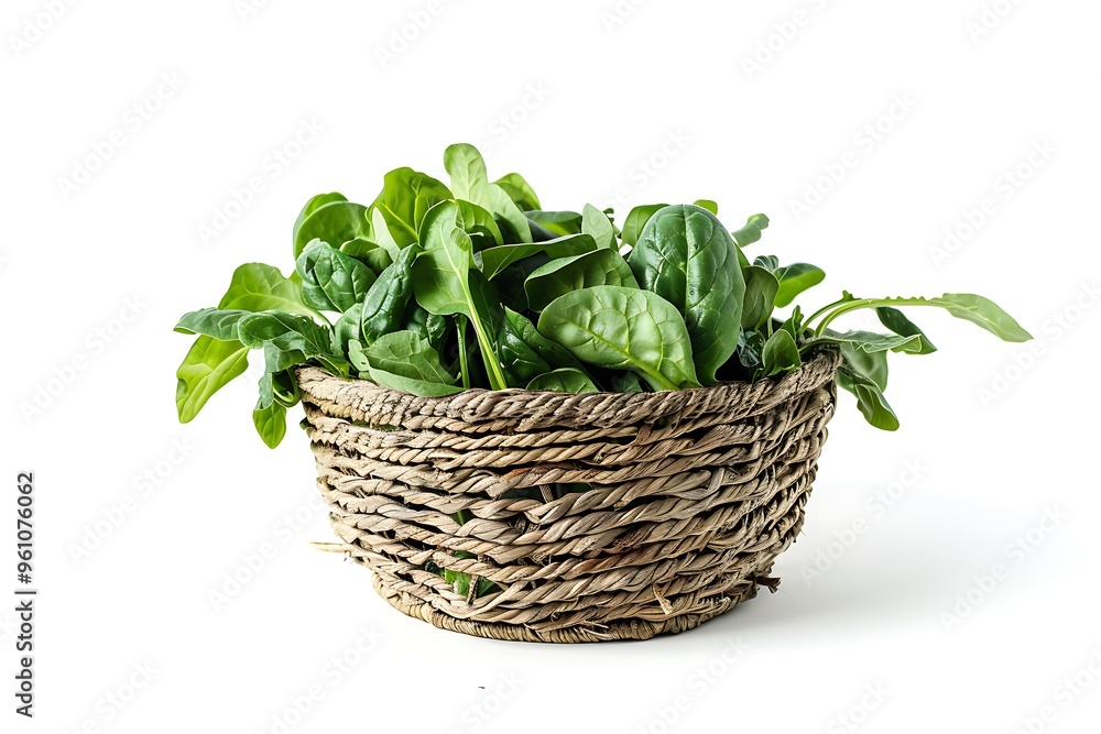 Fresh Spinach in a basket on white background Fresh Spinach in a basket on white background