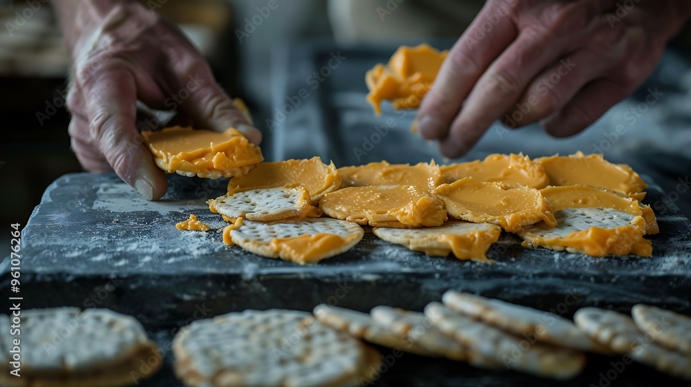 Grabbing round wafers and a soft cheddar spread from a stone tray Grabbing round wafers and a soft cheddar spread from a stone tray