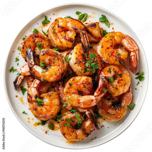 grilled shrimp in a plate top view isolated on transparent white background, clipping path