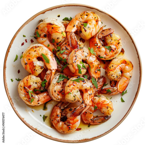 grilled shrimp in a plate top view isolated on transparent white background, clipping path