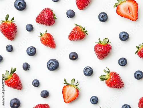 Fresh strawberries and blueberries scattered on white background create vibrant and appetizing display.